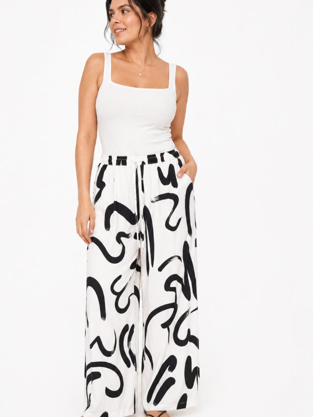 Vintage abstract black and white wide leg pant